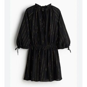 H&M Divided Black Gold Metallic Pinstripe Ruffle Puff‎ Sleeve Mini Dress Size L